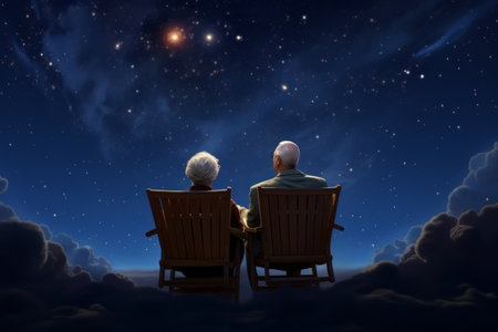Lovely senior couple sitting in lounge chairs stargazing under starry sky. Hobbies and leisure for elderly people. Generative AI.の素材
