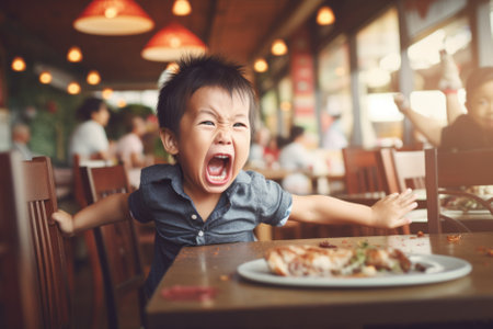 Toddler having a temper tantrum in a restaurant or cafe. Sad child screaming in anger in public. Kid misbehaving crying loudly. Generative AI.の素材
