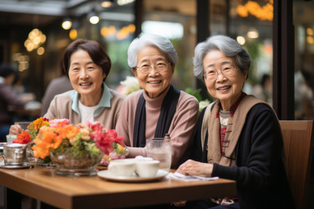 Happy senior friends sitting in outdoor cafe on sunny summer evening. Retired women having fun outdoors. Retirement hobby and leisure activity for elderly people. Generative AI.の素材