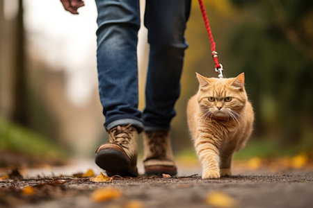 Walking a pet cat in city park on sunny autumn day. Cat on a leash in public place. Generative AI.の素材