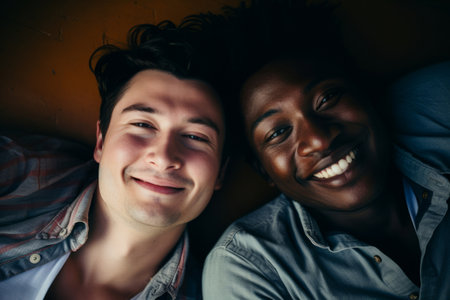 Two cheerful interracial friends expressing positive emotions to camera. Young people spending time together on sunny day. Generative AI.の素材