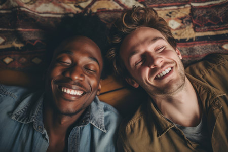 Two cheerful interracial friends expressing positive emotions to camera. Young people spending time together on sunny day. Generative AI.の素材