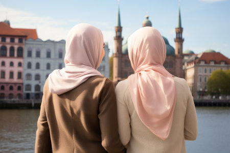 Two beautiful Muslim women wearing hijabs in European city on sunny day. Generative AI.の素材