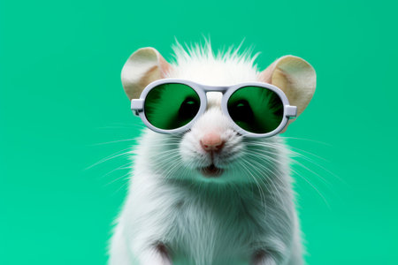 White mouse wearing green sunglasses on green background. Generative AI.の素材