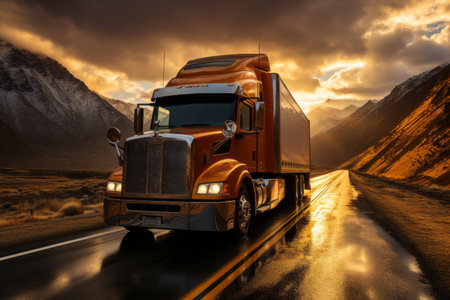 Truck driving on the asphalt road in rural landscape at sunset with dark clouds. Cargo, goods transportation concept. Generative AI.の素材