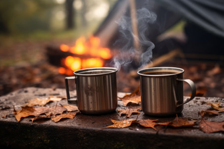 Two metal enamel cups of hot steaming tea on wooden log by an outdoor campfire. Drinking warm beverage by a bonfire. Generative AI.の素材