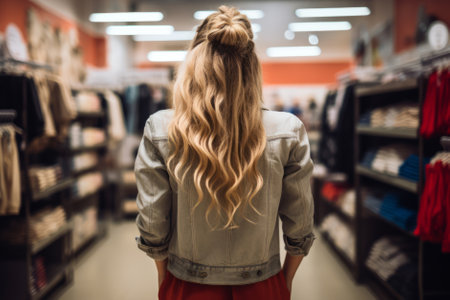 Back view of young woman standing near shelves with brand clothes in clothing stores. Saleswoman in fashion boutique. Generative AI.の素材
