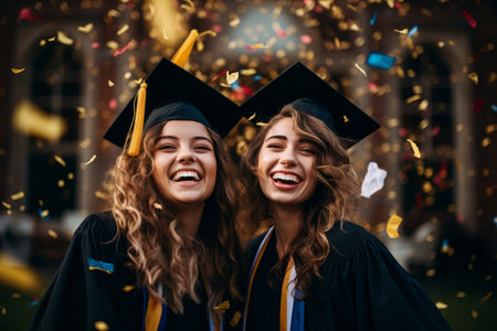 Two cheerful college graduates wearing graduate caps celebrating on sunny day. Beautiful young people in a college yard. Education for young people. Generative AI.の素材