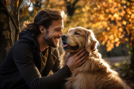 Handsome young man hugging a dog on a walk. Owner with his pet in sunny autumn park. Generative AI.の素材