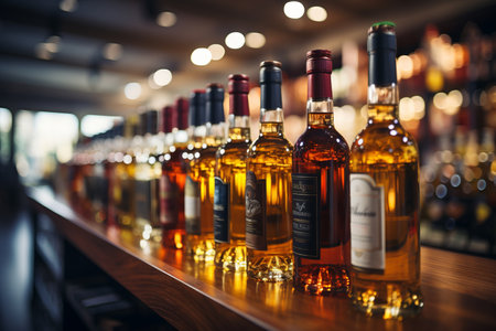 Various bottles of wine on a shelf in grocery store. Alcohol sold in winery store department in supermarket. Generative AI.の素材