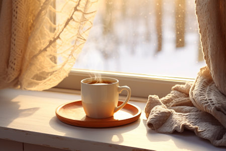 Cozy warm winter composition with cup of hot coffee or chocolate, cozy blanket and snowy landscape on sunny winter day. Winter home decor. Christmas. New Years Eve. Generative AI.の素材