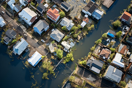 Aerial view of houses flooded with dirty water of a river. Buildings and cars submerged in water during an overflow of water. Generative AI.の素材