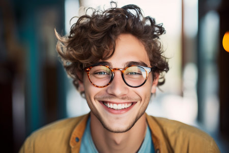 Portrait of an attractive young man wearing eyeglasses. Head shot of smiling person wearing glasses. Generative AI.の素材