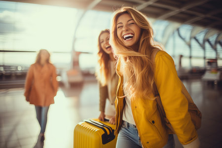 Two young women with suitcases in international airport. People carrying luggage running in a hurry in departures terminal. Generative AI.の素材