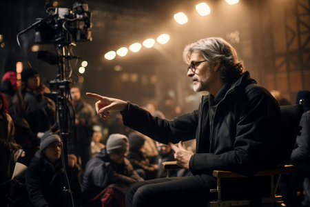 Talented film director directing a movie with the help of his assistants on set. Male movie professional pointing with his hand. Film studio crew doing high budget movie. Generative AI.の素材