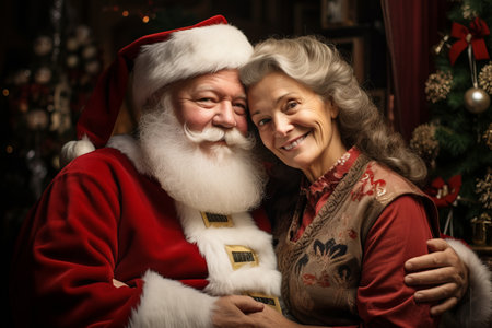 Santa Claus and his wife Mrs. Claus hugging in Santa workshop by Christmas tree. Festive interior inside wooden house. Celebrating festive season. Generative AI.の素材