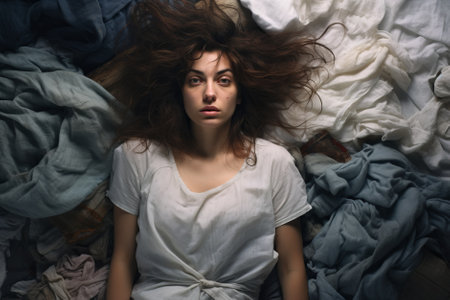 Depressed young woman struggling to fall asleep. Sad girl awake in the night, exhausted and suffering from insomnia. Sleep deprivation problem. Generative AI.の素材