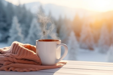 Cozy warm winter composition with cup of hot coffee or chocolate, cozy blanket and snowy landscape on sunny winter day. Christmas. New Years Eve. Generative AI.の素材