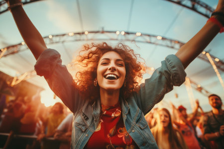 Beautiful young woman having fun at colourful music festival. Happy girl enjoying herself and dancing. Summer holiday, vacation concept. Generative AI.の素材