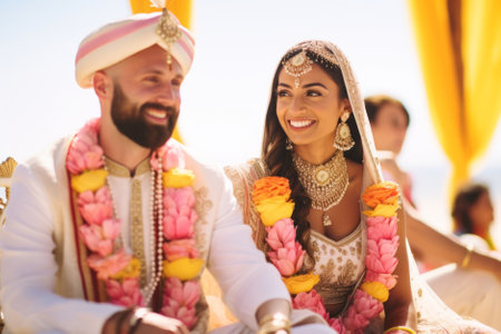 Indian bride and groom at amazing hindu wedding ceremony. Details of traditional indian wedding. Beautifully decorated hindu wedding accessories. Indian marriage traditions. Generative AI.の素材