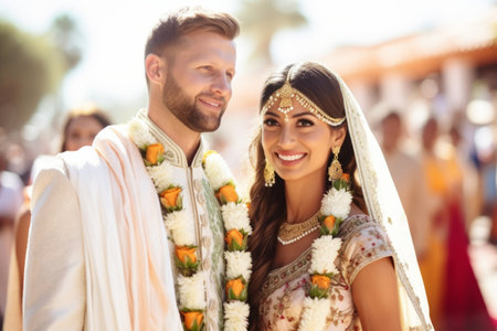 Indian bride and groom at amazing hindu wedding ceremony. Details of traditional indian wedding. Beautifully decorated hindu wedding accessories. Indian marriage traditions. Generative AI.の素材