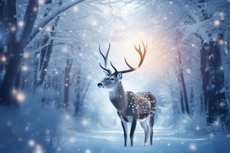 Mystic Christmas reindeer in wonderful winter forest. Stag among snowy trees on magical Christmas night. Generative AI.の素材