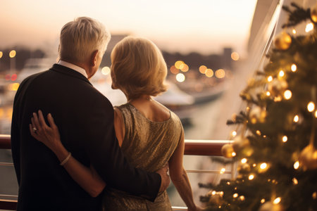 Beautiful retired senior couple enjoying cruise vacation on Christmas time. Senior man and woman having fun on a cruise ship. Old man and old lady travelling by sea on New Years Eve. Generative AI.の素材