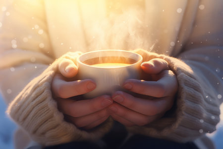 Close-up on woman's hands holding a cup of hot coffee or chocolate on a backdrop of snowy landscape on sunny winter day. Christmas. New Years Eve. Generative AI.の素材