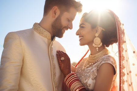 Indian bride and groom at amazing hindu wedding ceremony. Details of traditional indian wedding. Beautifully decorated hindu wedding accessories. Indian marriage traditions. Generative AI.の素材