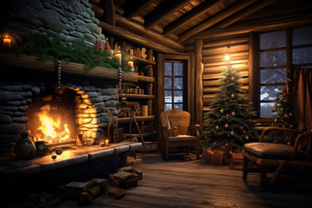 Cozy dark rustic living room with a fireplace, decorated for Christmas. Generative AI.の素材