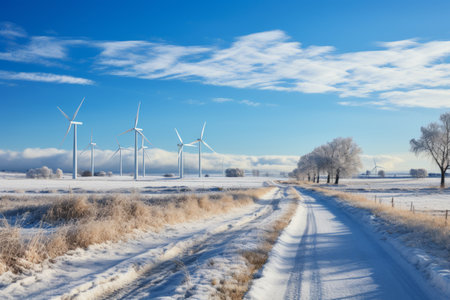 Rows of wind turbines generating power in scenic evening scenery at winter. Windmills generating green energy on background of blue evening sky. Generative AI.の素材