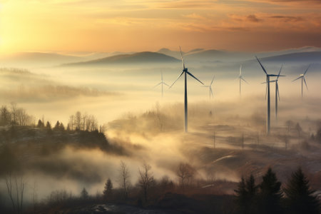 Rows of wind turbines generating power in scenic evening scenery at winter. Windmills generating green energy on background of blue evening sky. Generative AI.の素材