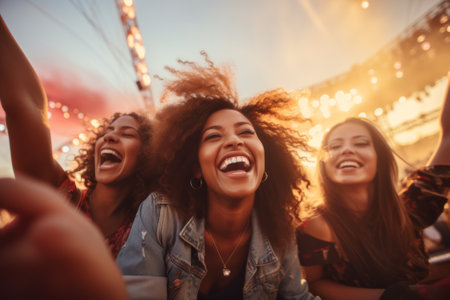 Beautiful young women having fun at colourful music festival. Happy girls enjoying themselves and dancing. Summer holiday, vacation concept. Generative AI.の素材