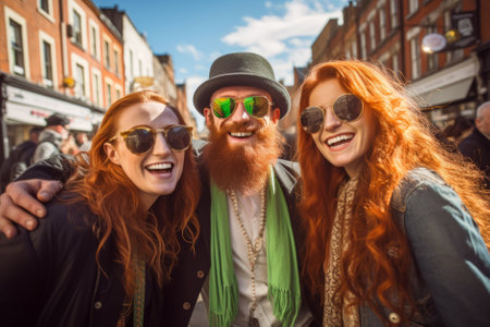 Beautiful young cheerful friends wearing green clothes and accessories participating in traditional Saint Patrick's Day parade in Irish town. Generative AI.の素材