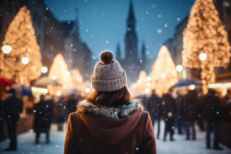 Beautiful girl having wonderful time on traditional Christmas market on winter evening. Young woman enjoying herself in Christmas town decorated with lights. Generative AI.の素材