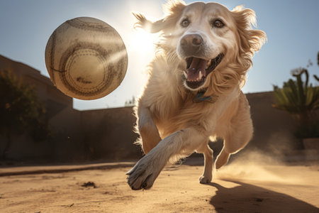 Friendly happy dog running at fast pace towards the camera in a city park on sunny autumn day. Puppy catching a ball. Playing with a dog outdoors. Generative AI.の素材