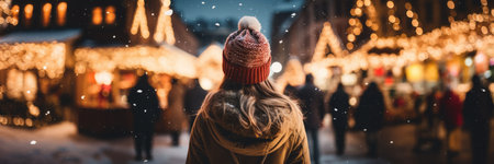 Beautiful girl having wonderful time on traditional Christmas market on winter evening. Young woman enjoying herself in Christmas town decorated with lights. Generative AI.の素材
