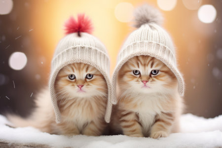 Two cute fluffy red kittens wearing funny knitted hats in snowy winter forest on sunny evening. Generative AI.の素材