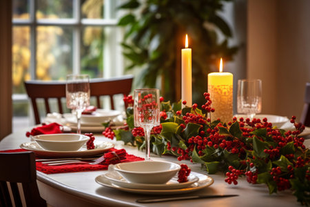 Christmas festive table setting with candles and holly berry plants. Celebrating New Year. Generative AI.の素材
