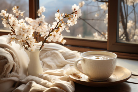 Cozy warm spring composition with cup of hot coffee or chocolate, cozy blanket and blossoming cherry branches on sunny spring day. Spring home decor. Easter. Generative AI.の素材