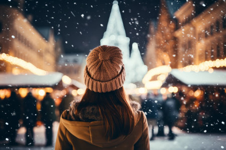 Beautiful girl having wonderful time on traditional Christmas market on winter evening. Young woman enjoying herself in Christmas town decorated with lights. Generative AI.の素材