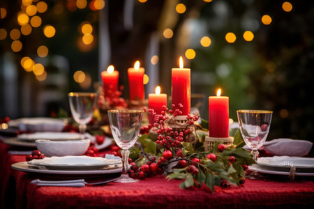 Christmas festive table setting with candles and holly berry plants. Celebrating New Year. Generative AI.の素材