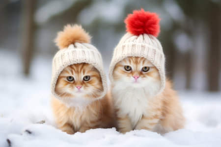 Two cute fluffy red kittens wearing funny knitted hats in snowy winter forest on sunny evening. Generative AI.の素材