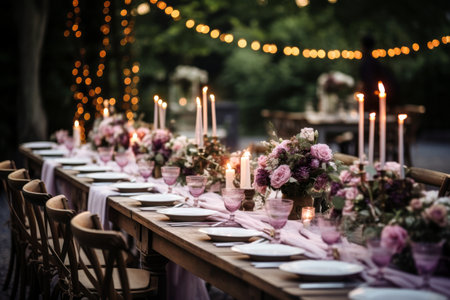 Beautifully wedding table decorated with candle and flowers. Outdoor wedding reception for large number of guests. Generative AI.の素材