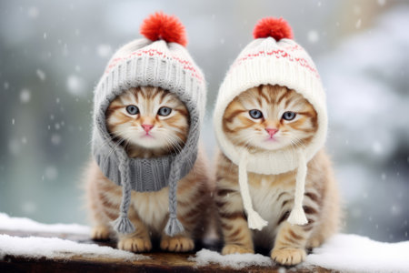 Two cute fluffy red kittens wearing funny knitted hats in snowy winter forest on sunny evening. Generative AI.の素材