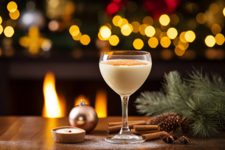 Traditional Christmas drink eggnog with grated nutmeg and cinnamon. Christmas lights in the background. Generative AI.の素材