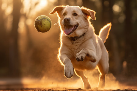 Friendly happy dog running at fast pace towards the camera in a city park on sunny autumn day. Puppy catching a ball. Playing with a dog outdoors. Generative AI.の素材