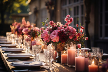 Beautifully wedding table decorated with candle and flowers. Outdoor wedding reception for large number of guests. Generative AI.の素材