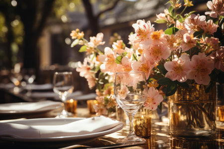 Beautifully wedding table decorated with candle and flowers. Outdoor wedding reception for large number of guests. Generative AI.の素材