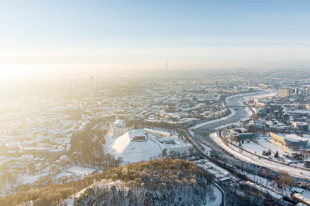 Beautiful sunny Vilnius city scene in winter. Aerial early evening view. Winter city scenery in Vilnius, Lithuania.の写真素材